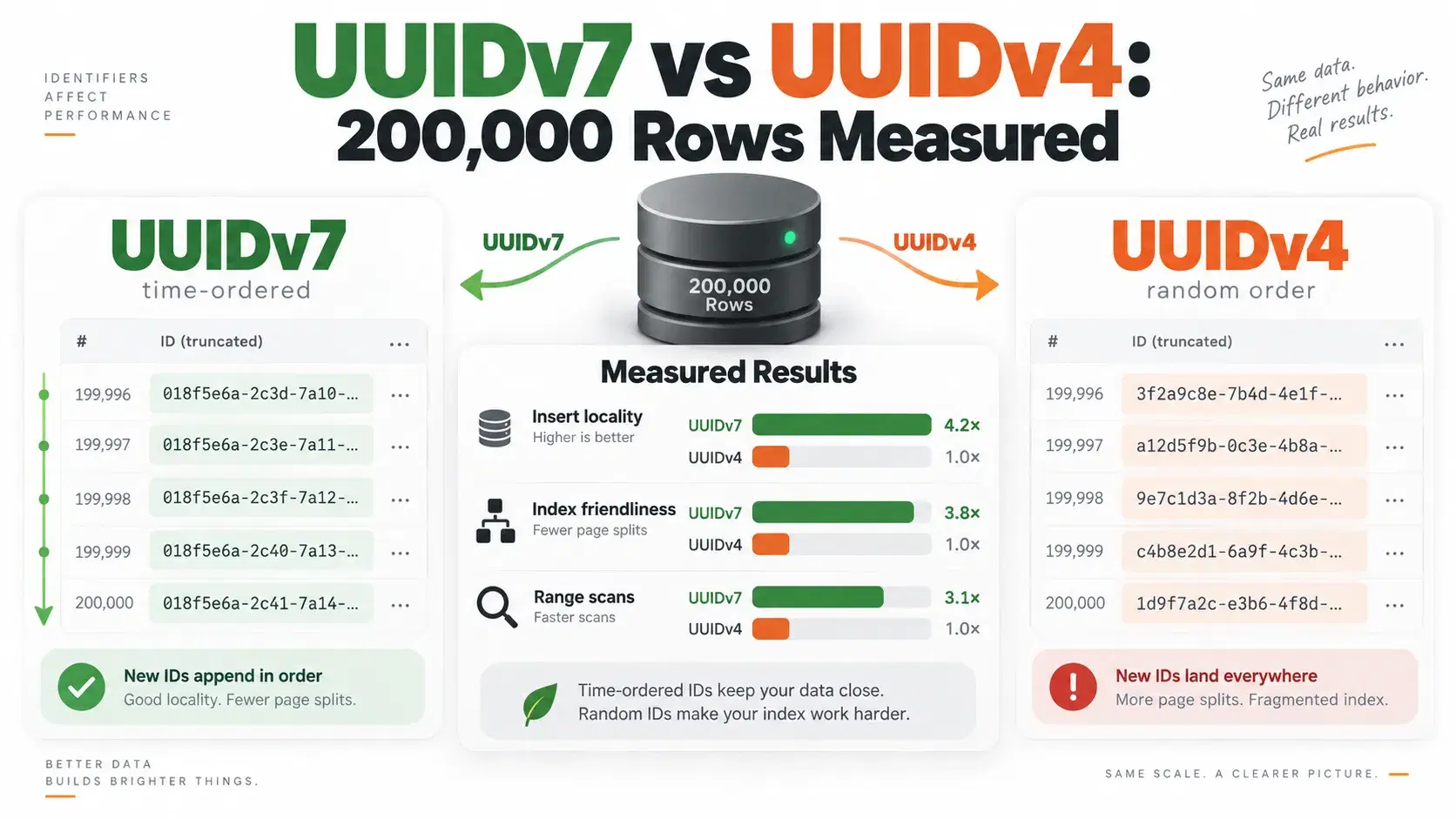 UUIDv7 vs UUIDv4: 200,000 Rows Measured