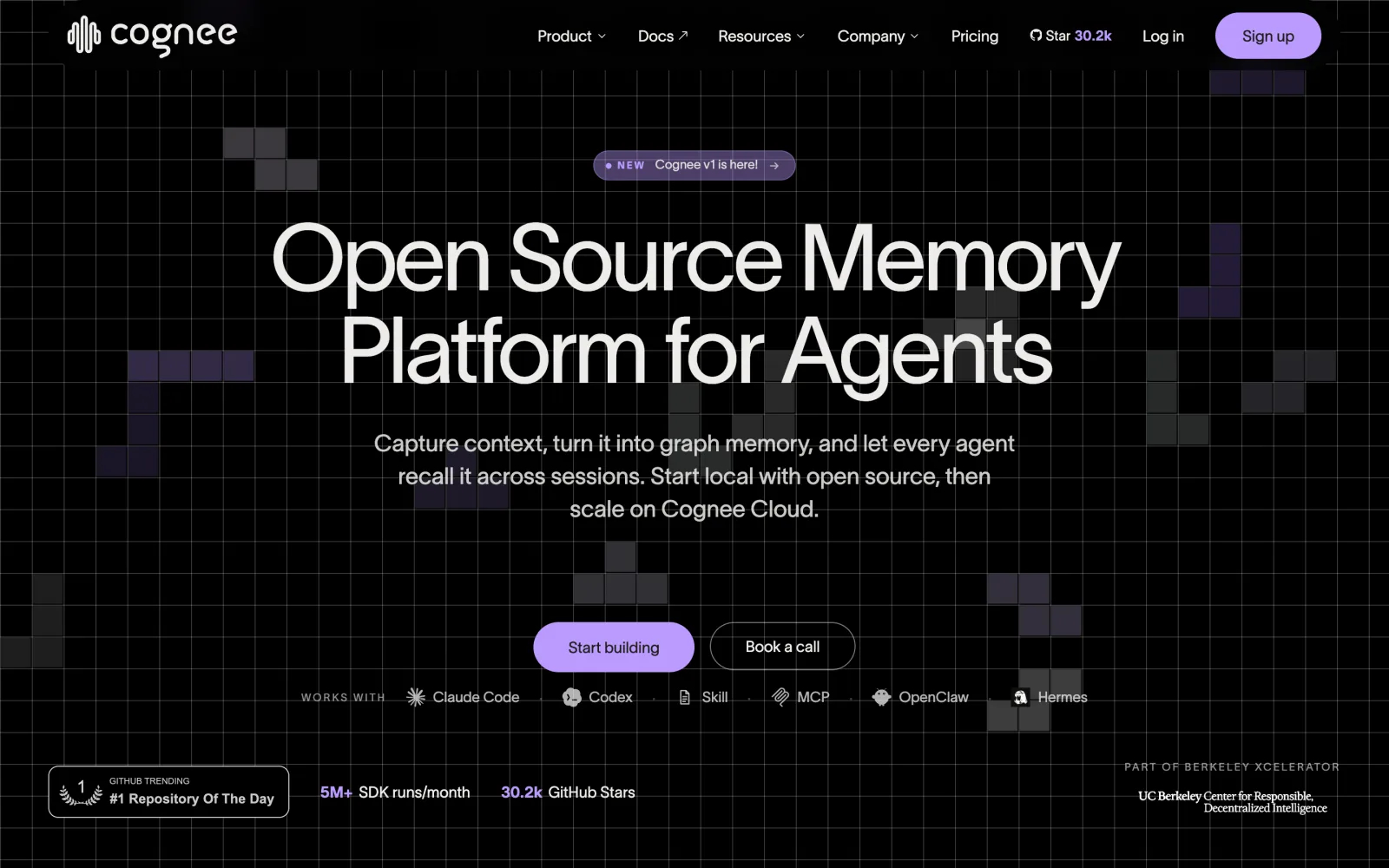 Cognee homepage, an open-source agent memory platform