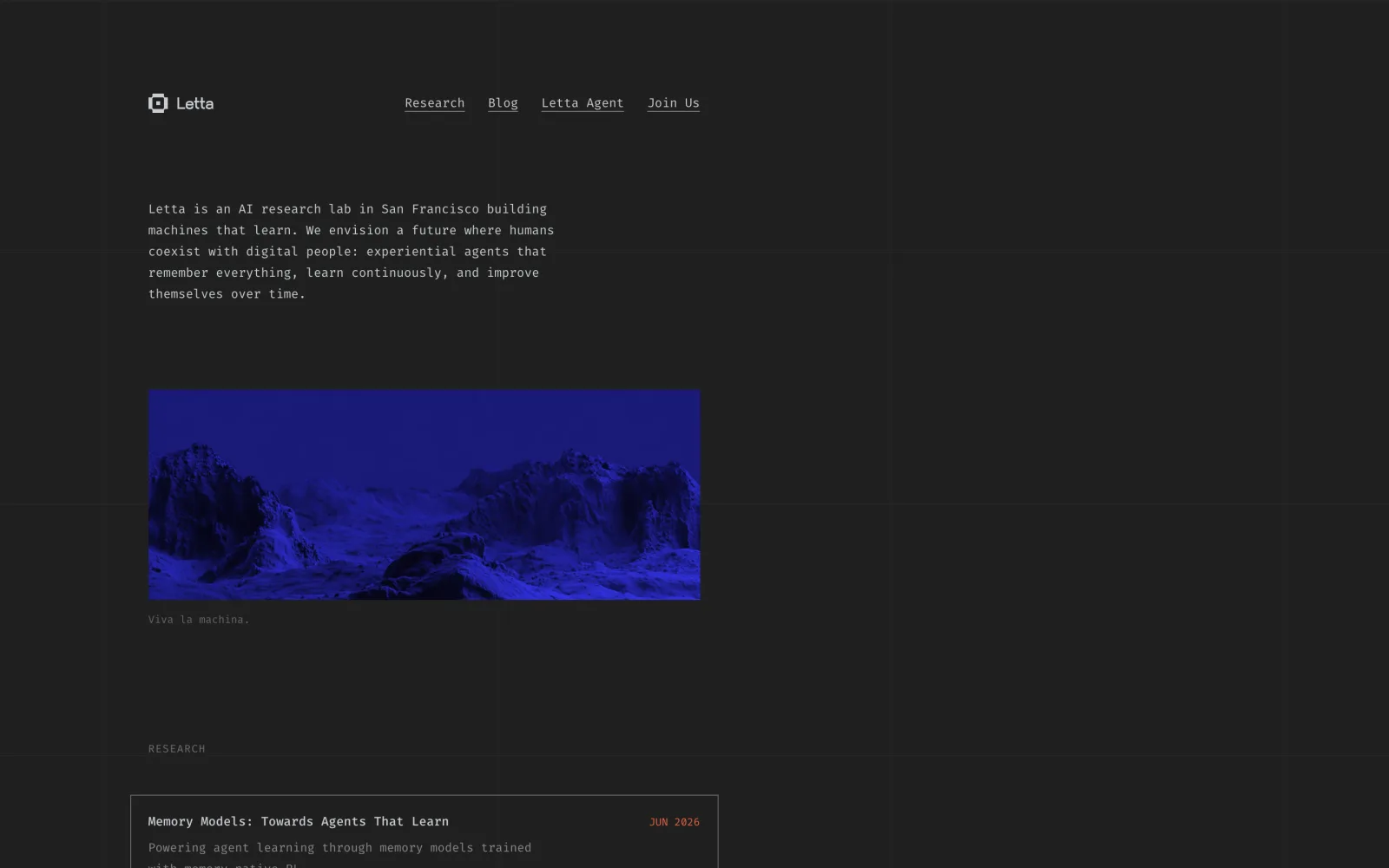 Letta homepage describing an AI research lab building machines that learn