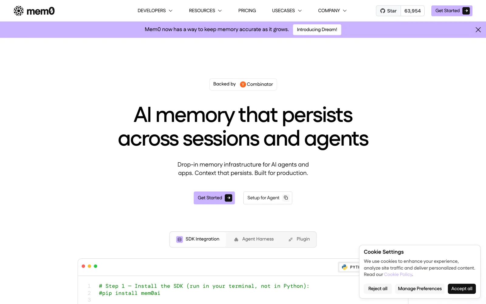 Mem0 homepage showing drop-in memory infrastructure for AI agents