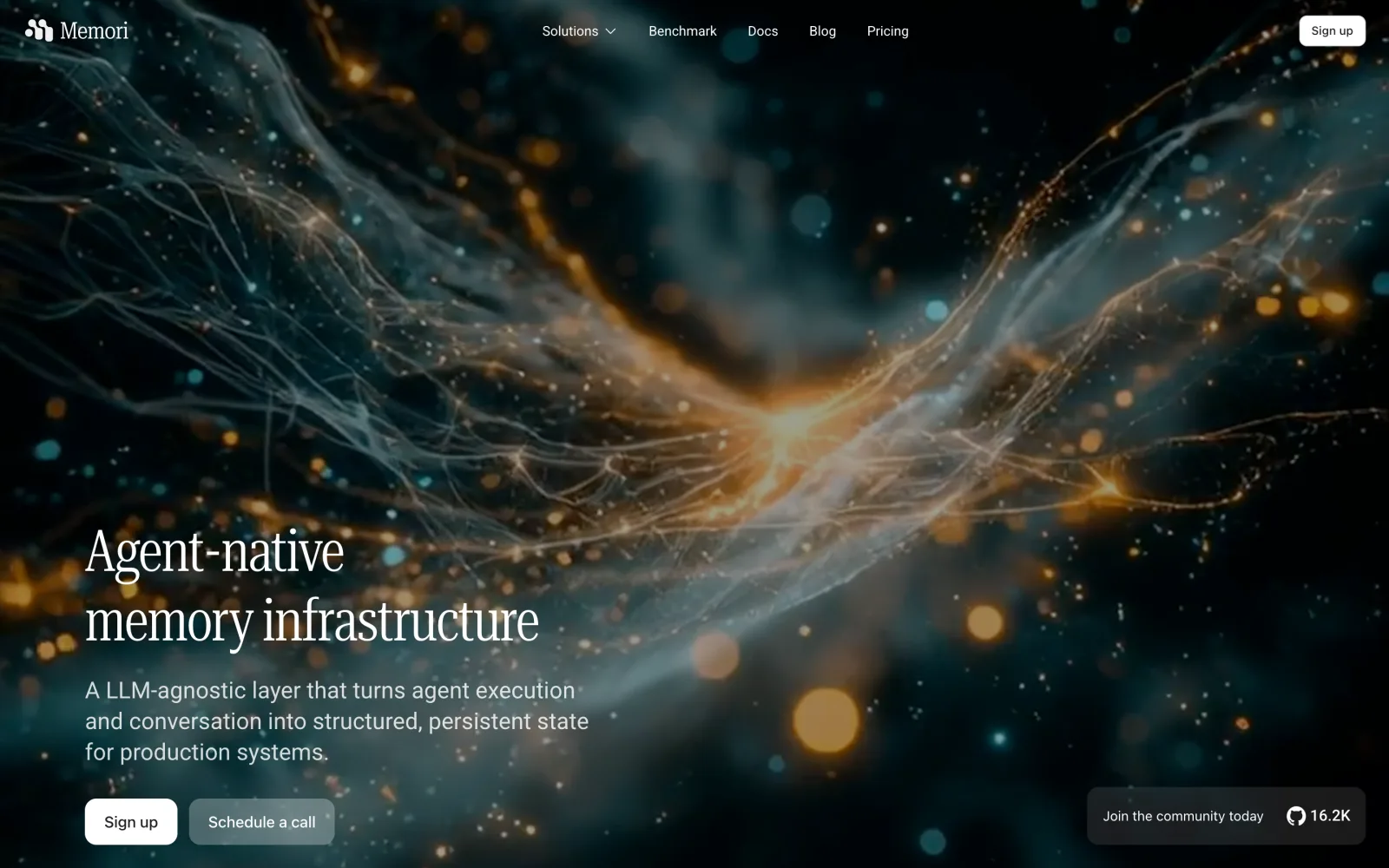 Memori homepage describing agent-native memory infrastructure