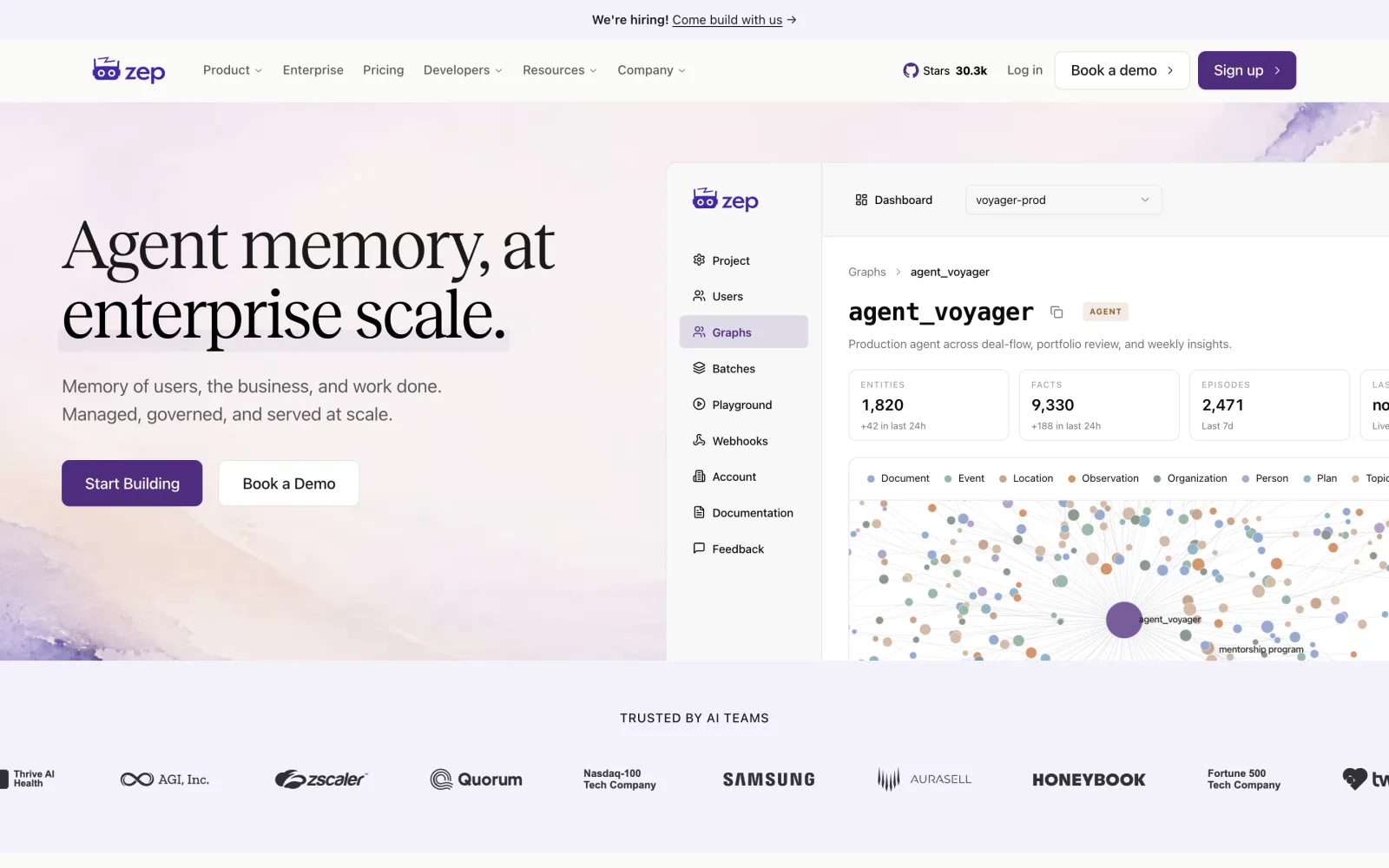Zep homepage showing agent memory at enterprise scale with a context graph dashboard