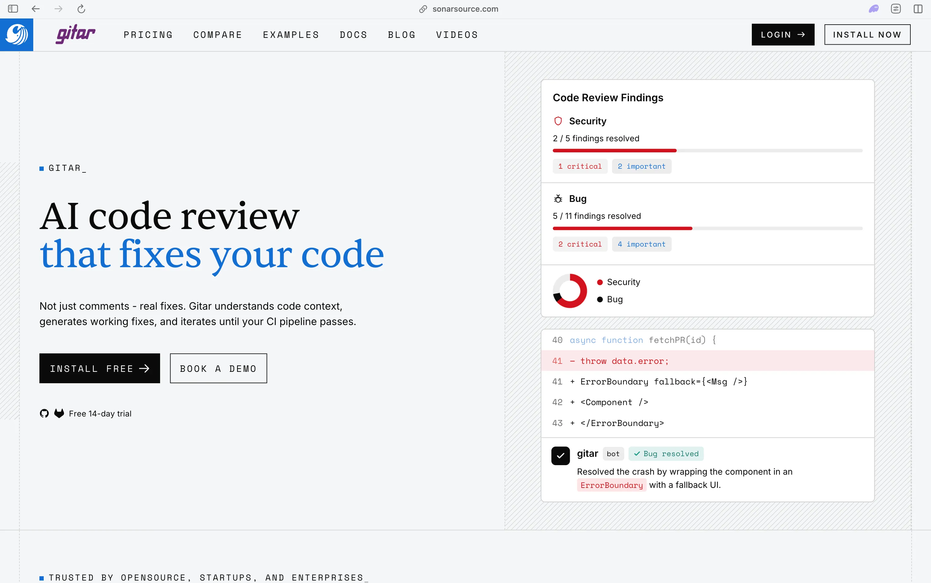 Gitar AI code review with automated fixes