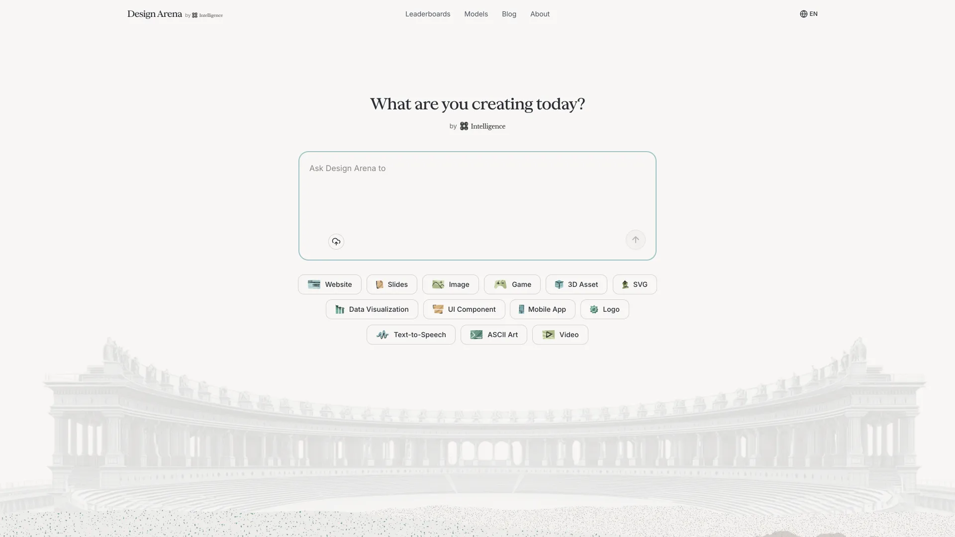 Design Arena's home page: a "What are you creating today?" prompt box and format buttons