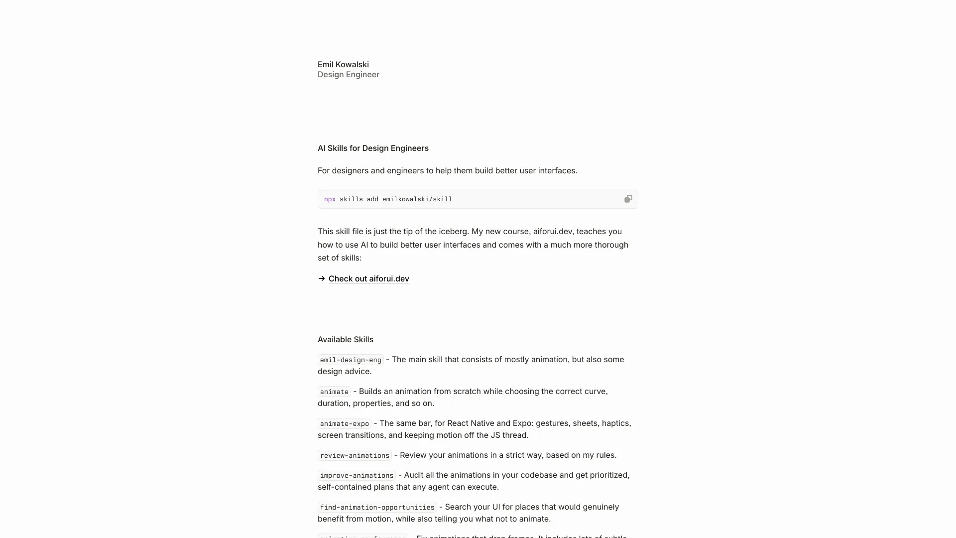 Emil Kowalski's AI Skills for Design Engineers page listing his skills