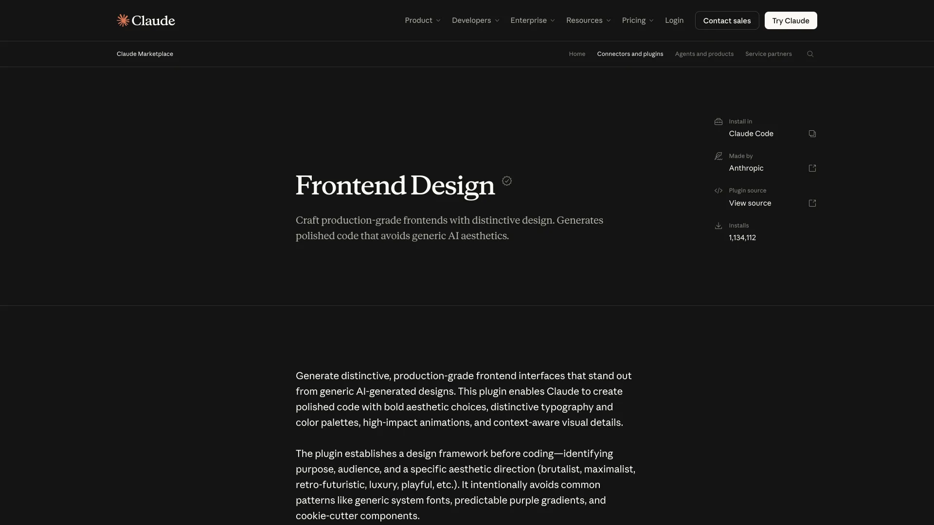 The Claude marketplace page for Frontend Design, showing 1,134,112 installs