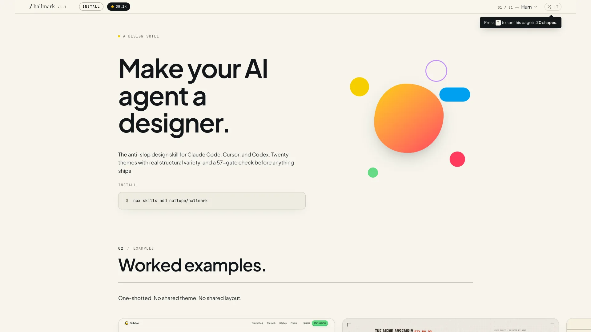 The Hallmark site: "Make your AI agent a designer." and its install command