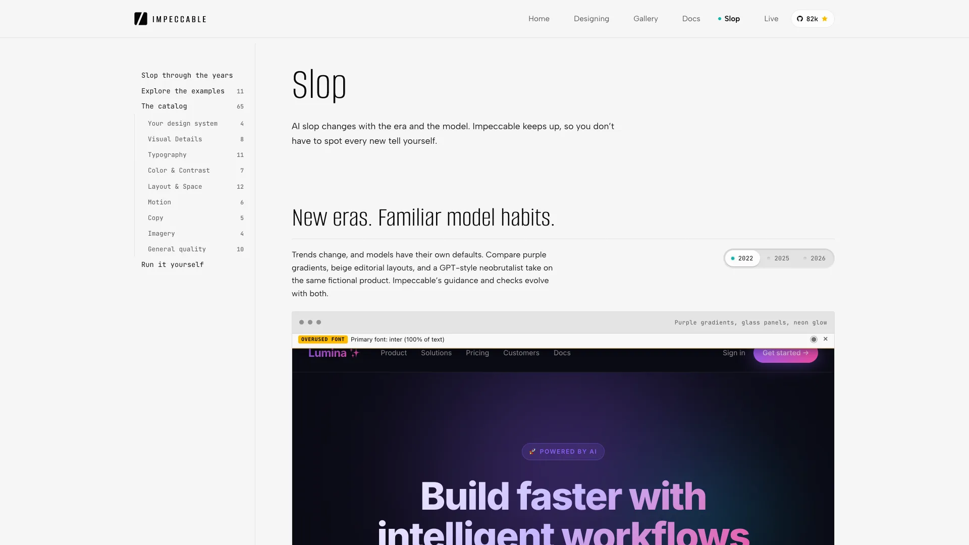 Impeccable's Slop page flagging "Overused font: inter (100% of text)" on a sample purple page