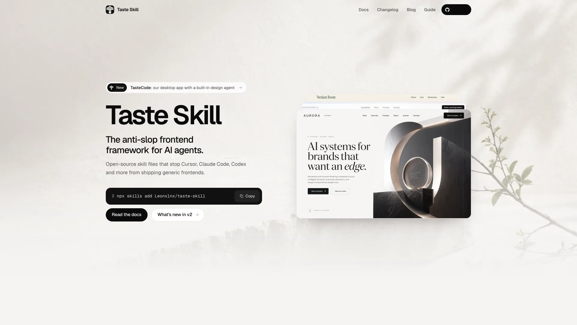 The tasteskill.dev home page with its install command and a sample page built with the skill