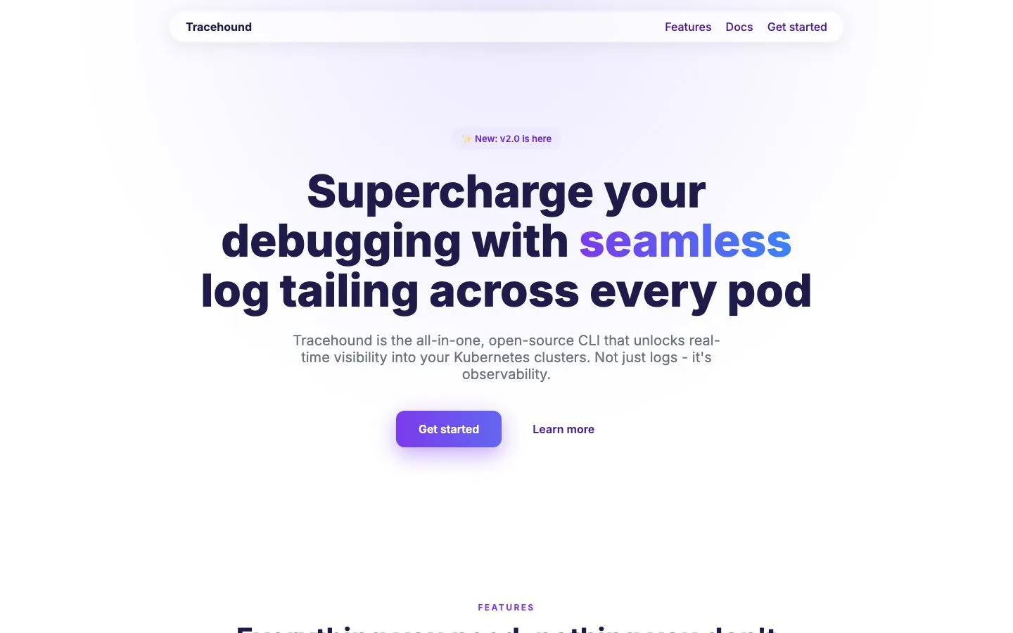 The Tracehound test page: pill nav, "New" badge, three-line headline with a gradient word, violet button