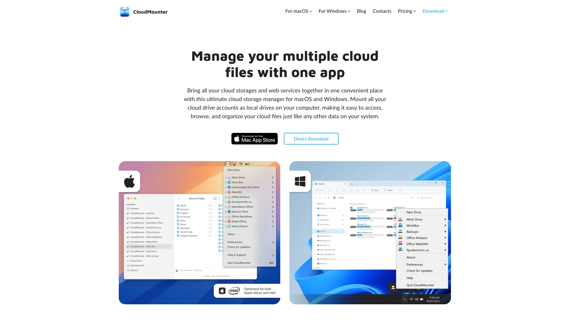 The CloudMounter home page headlined "Manage your multiple cloud files with one app", with Mac App Store and direct download buttons above macOS and Windows screenshots