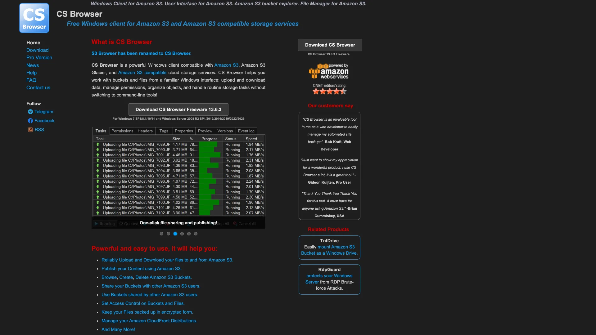 The CS Browser home page noting that S3 Browser has been renamed to CS Browser, above a Download CS Browser Freeware 13.6.3 button