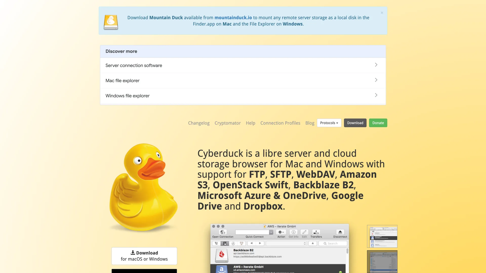 The Cyberduck home page describing a libre server and cloud storage browser for Mac and Windows with support for FTP, SFTP, WebDAV, Amazon S3 and more