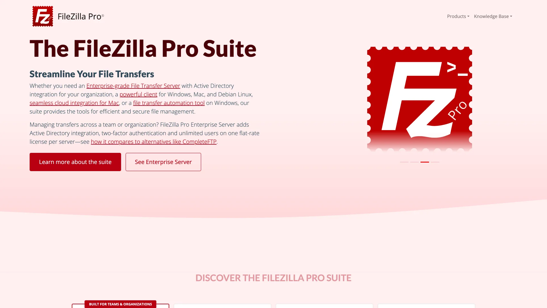 The FileZilla Pro Suite home page listing a client for Windows, Mac and Debian Linux and cloud integration for Mac