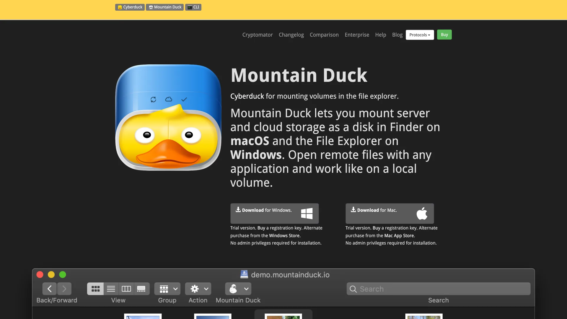 The Mountain Duck home page explaining that it mounts server and cloud storage as a disk in Finder on macOS and File Explorer on Windows, with trial downloads for both