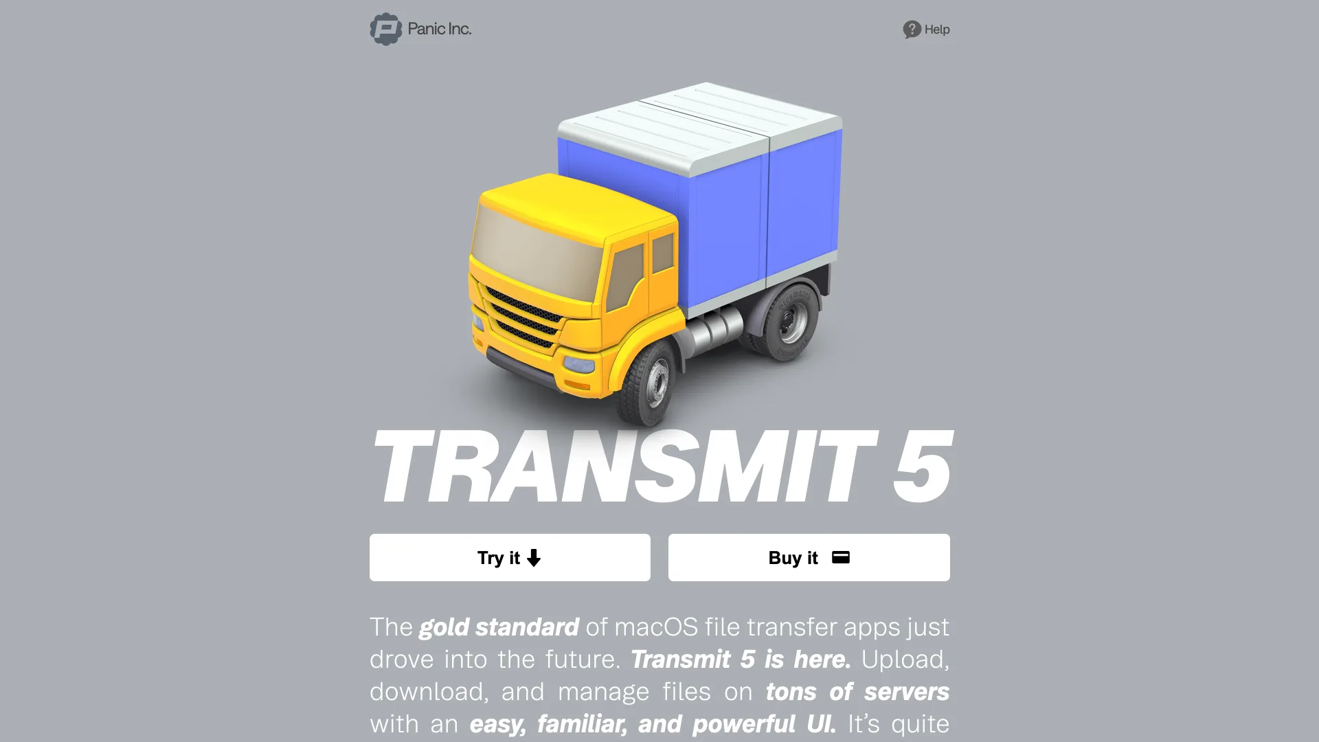 Panic's Transmit 5 page with the truck icon and Try it and Buy it buttons