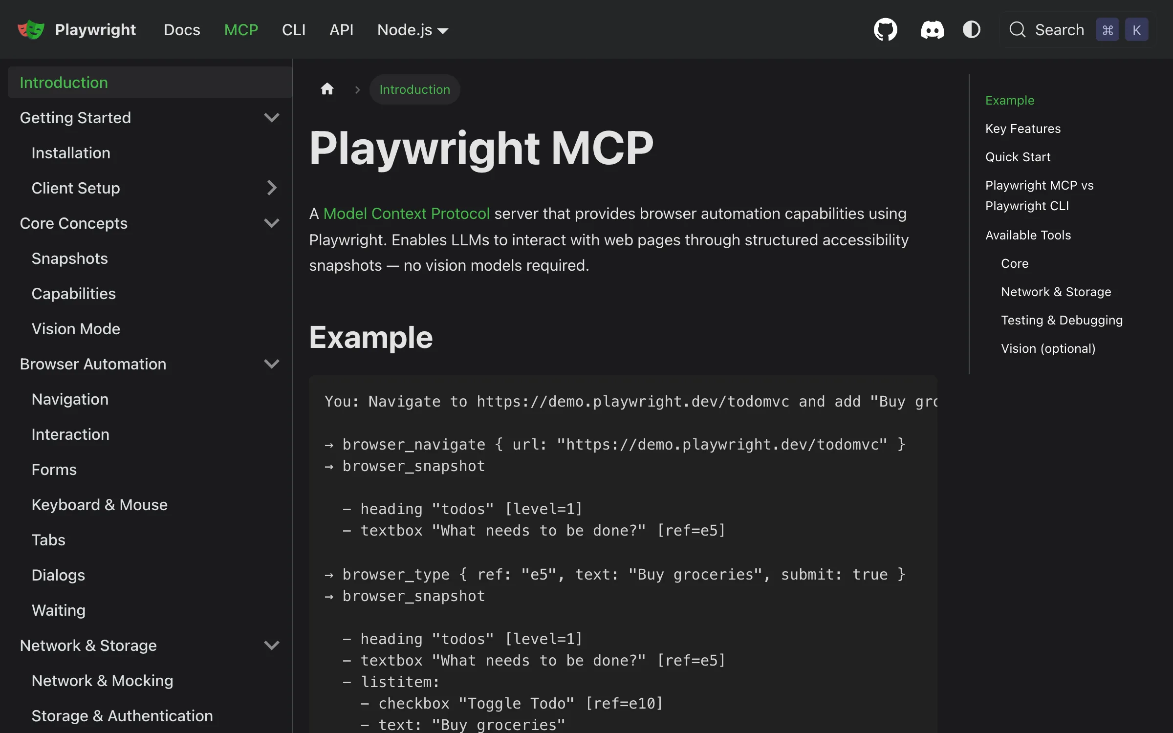 The Playwright MCP introduction page on playwright.dev, describing a Model Context Protocol server that lets LLMs interact with pages through structured accessibility snapshots with no vision models required