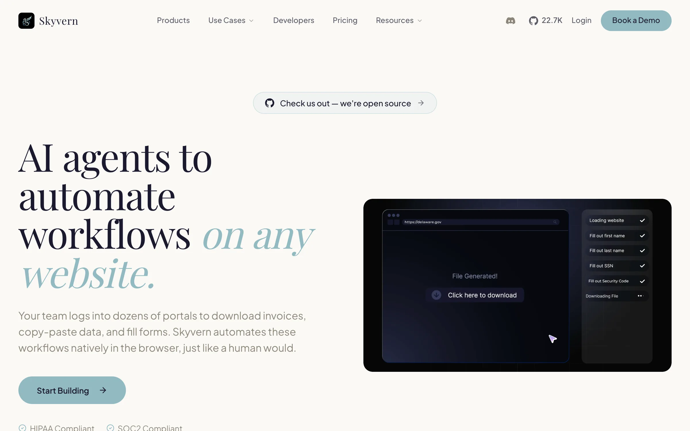 The Skyvern homepage, headlined "AI agents to automate workflows on any website", with a demo panel showing an agent filling first name, last name and SSN fields