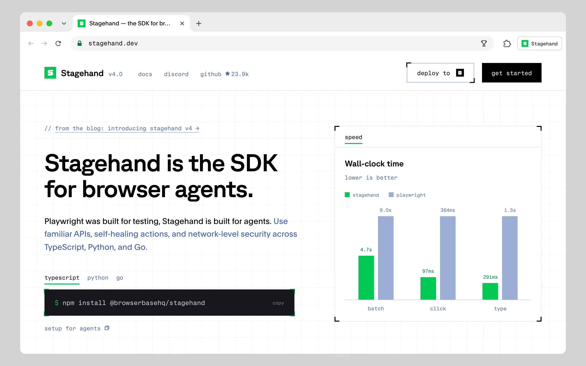 The Stagehand homepage at stagehand.dev, headlined "Stagehand is the SDK for browser agents", noting Playwright was built for testing while Stagehand is built for agents, with TypeScript, Python and Go tabs and a self-reported speed chart against Playwright
