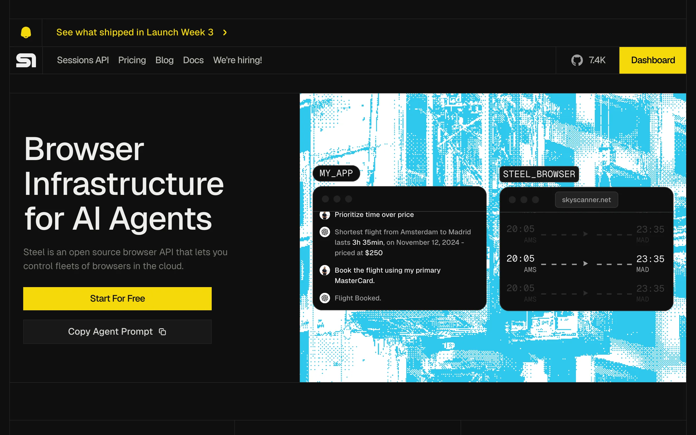The Steel homepage, headlined "Browser Infrastructure for AI Agents", describing an open source browser API for controlling fleets of browsers in the cloud