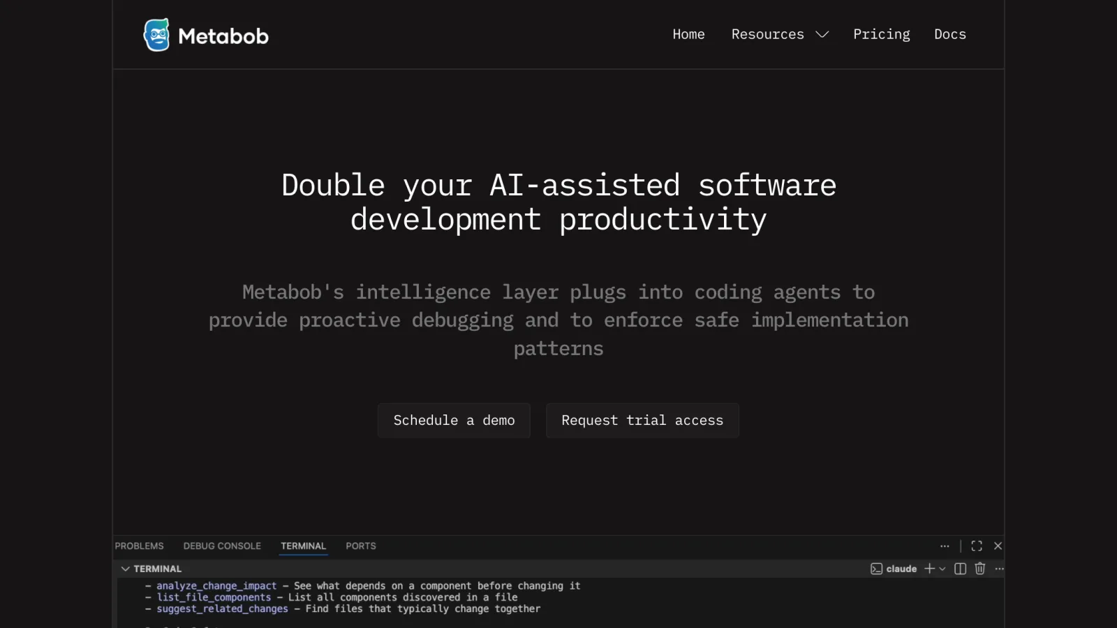 Metabob homepage with the headline "Double your AI-assisted software development productivity" and a terminal panel showing analyze_change_impact and other MCP-style tools