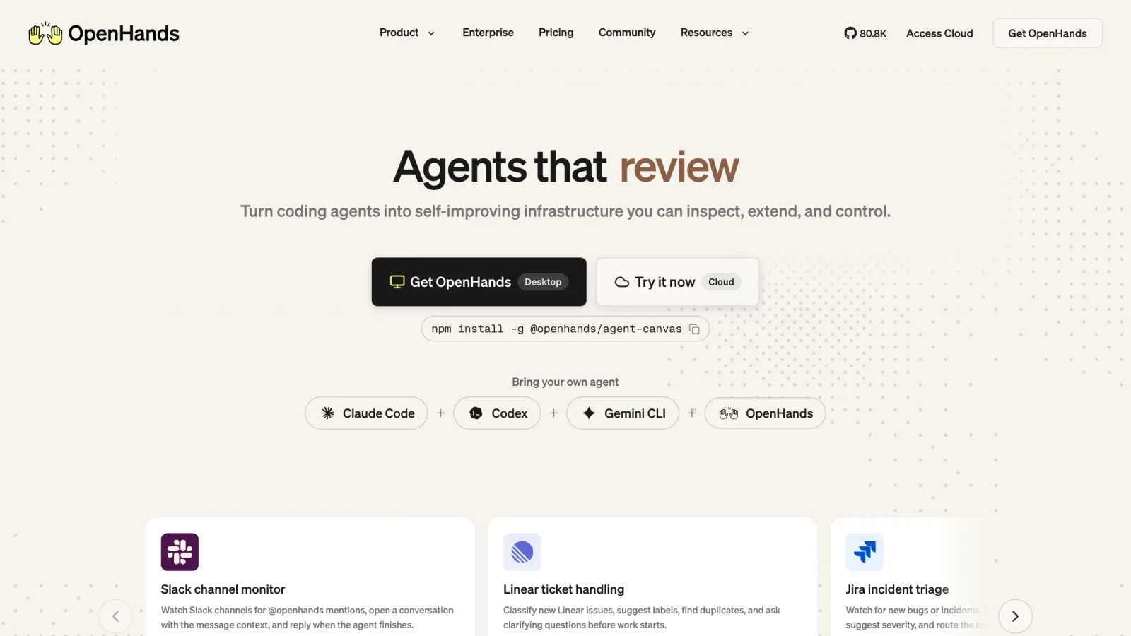 OpenHands homepage with the headline "Agents that review" and an npm install command for @openhands/agent-canvas, alongside Claude Code, Codex, and Gemini CLI logos