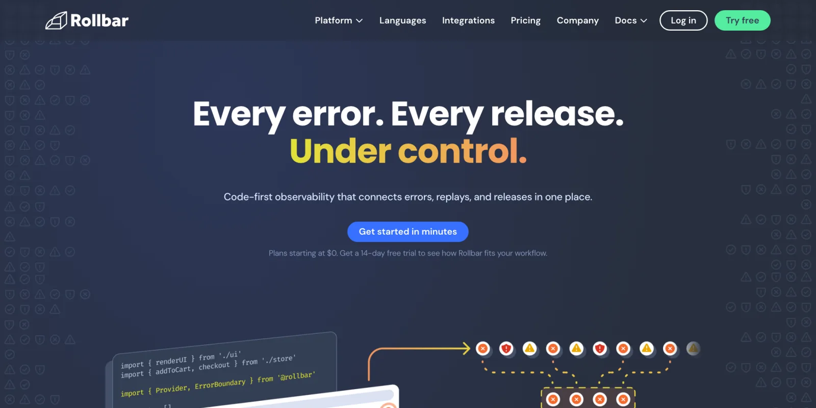 Rollbar homepage with the headline "Every error. Every release. Under control." showing a code snippet importing ErrorBoundary from @rollbar and an error correlation diagram