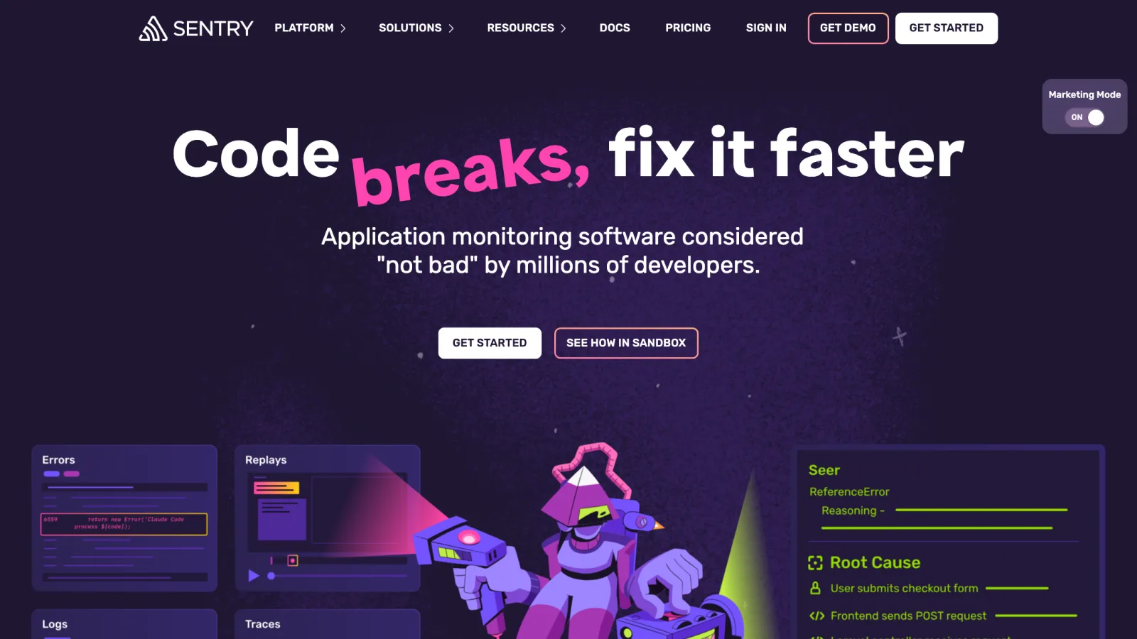 Sentry homepage reading "Code breaks, fix it faster" with Errors, Replays, and a Seer panel showing a ReferenceError and root cause trace