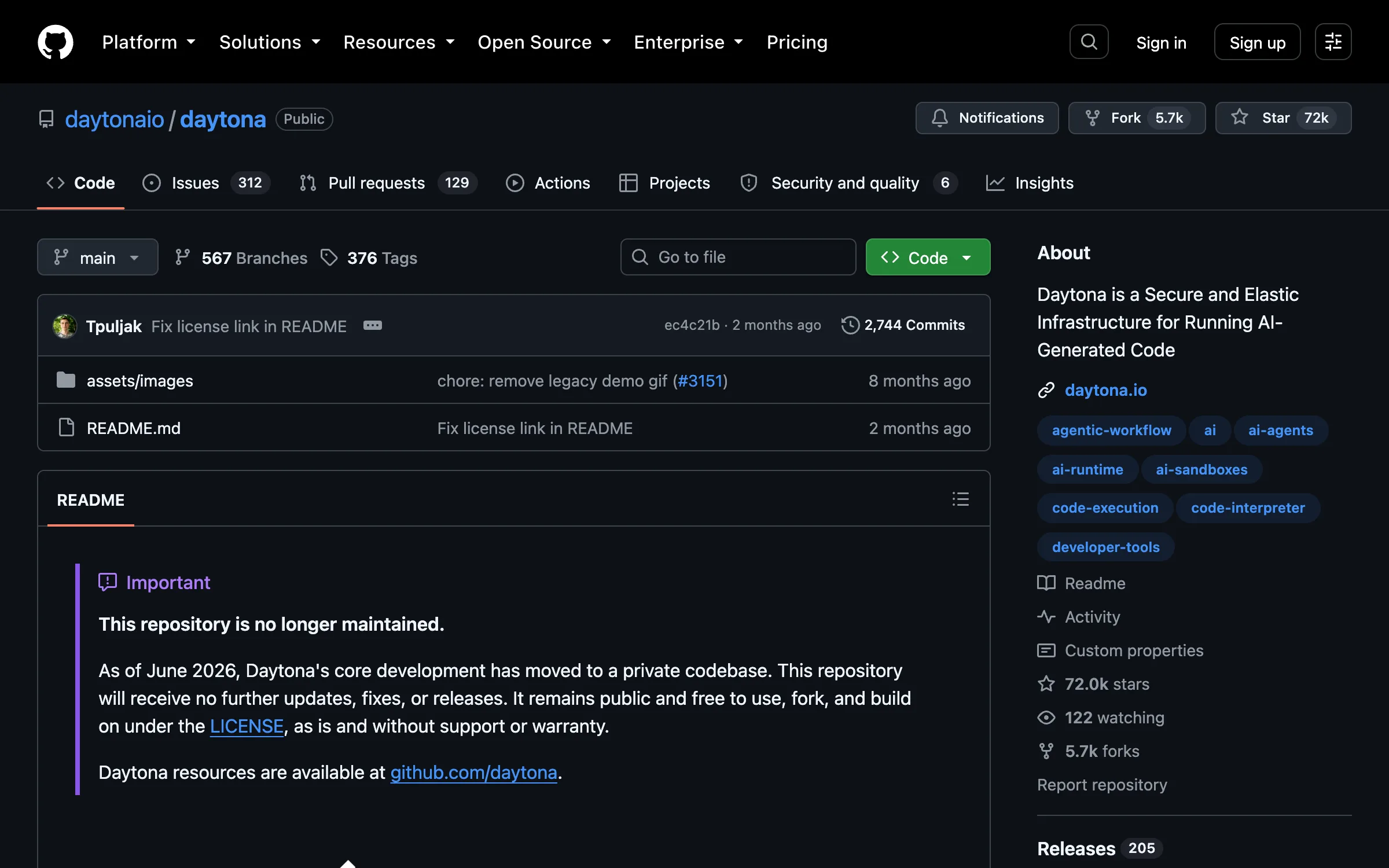 The daytonaio/daytona repository on GitHub showing 72k stars and a root containing only a README and an assets folder, with a notice reading "This repository is no longer maintained" and that core development moved to a private codebase as of June 2026