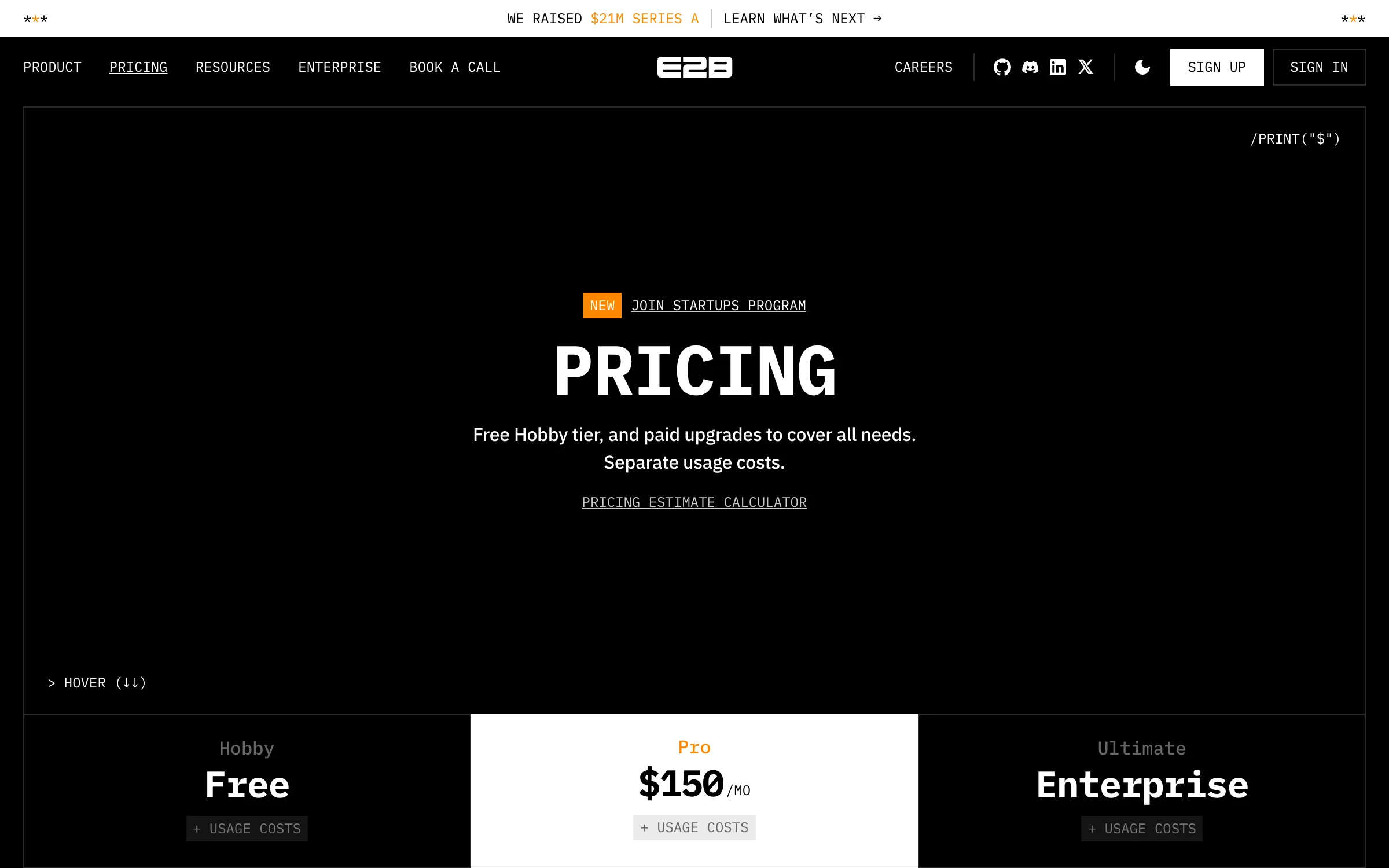 The E2B pricing page showing a free Hobby tier, Pro at $150 per month and an Ultimate Enterprise tier, each marked plus usage costs
