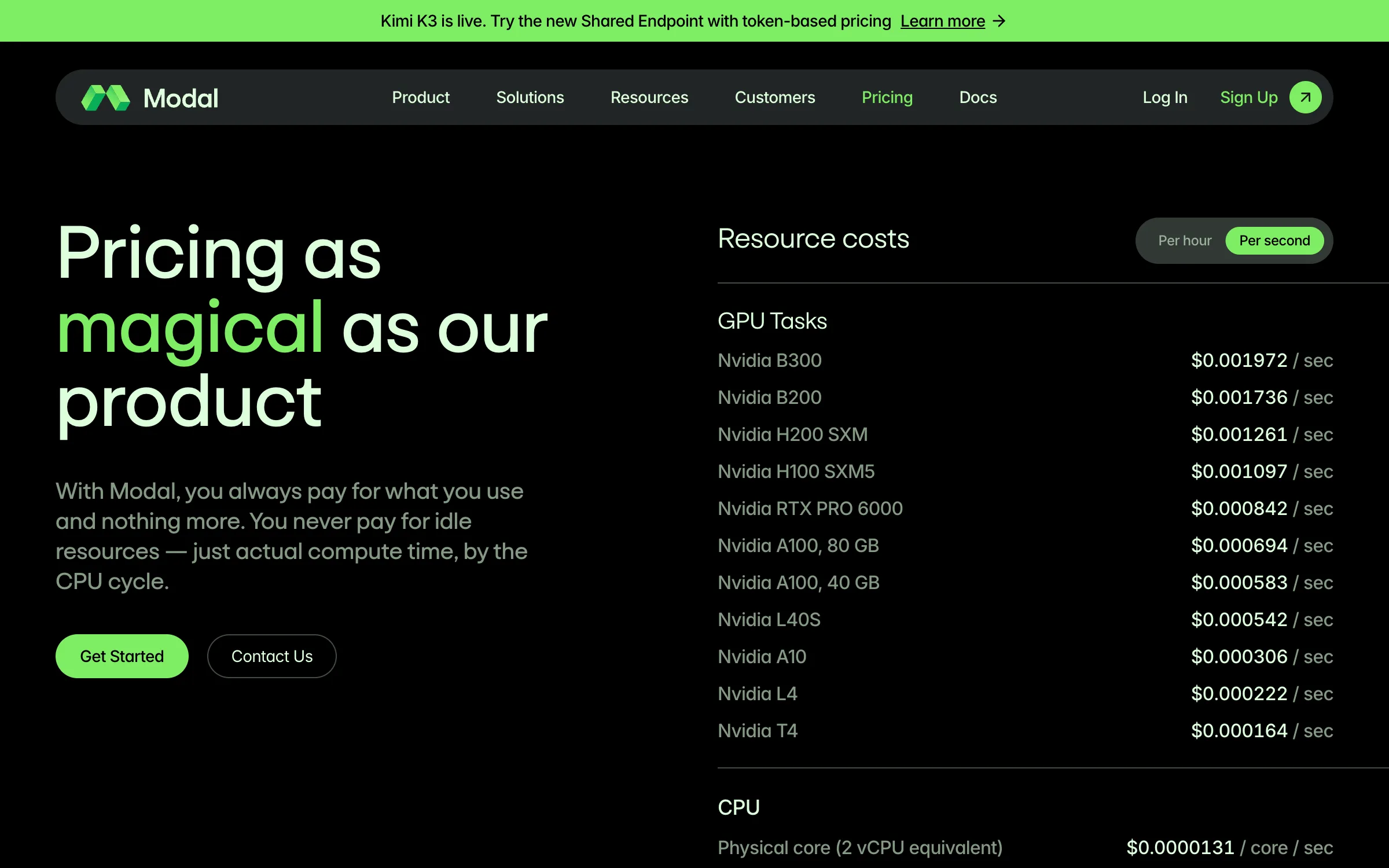 The Modal pricing page listing per-second GPU rates including H100 SXM5 at $0.001097 and A100 80GB at $0.000694, and a CPU line reading physical core, 2 vCPU equivalent, at $0.0000131 per core per second