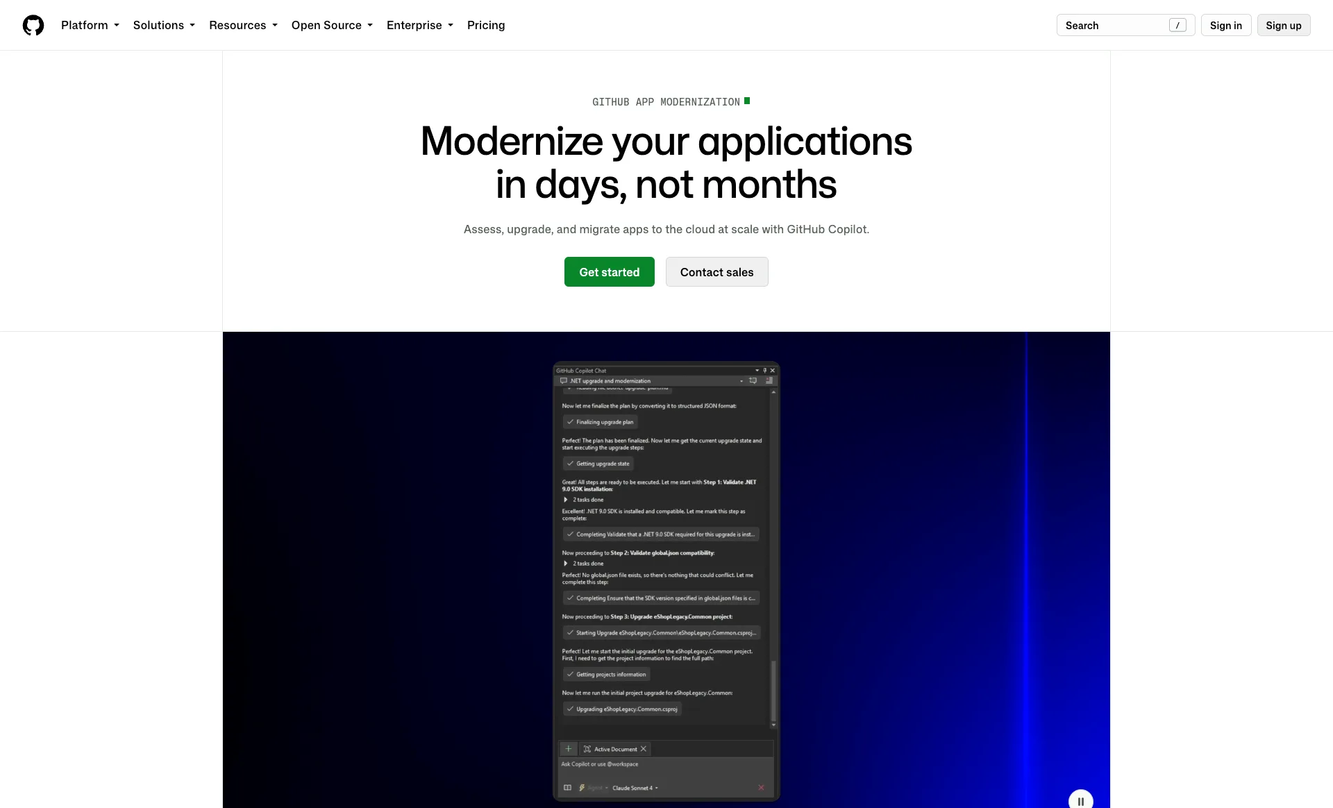 GitHub Copilot app modernization page