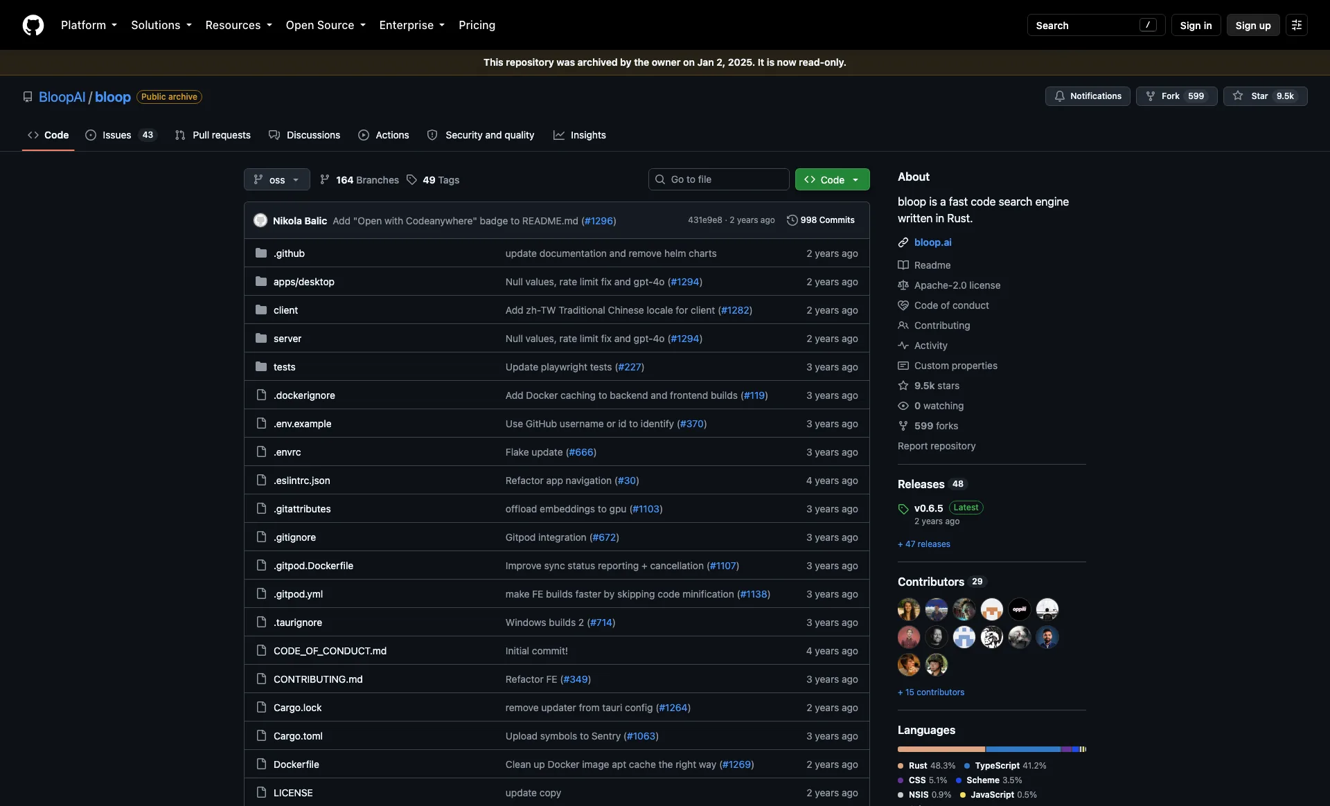 The archived bloop repository on GitHub showing a read-only notice from January 2025