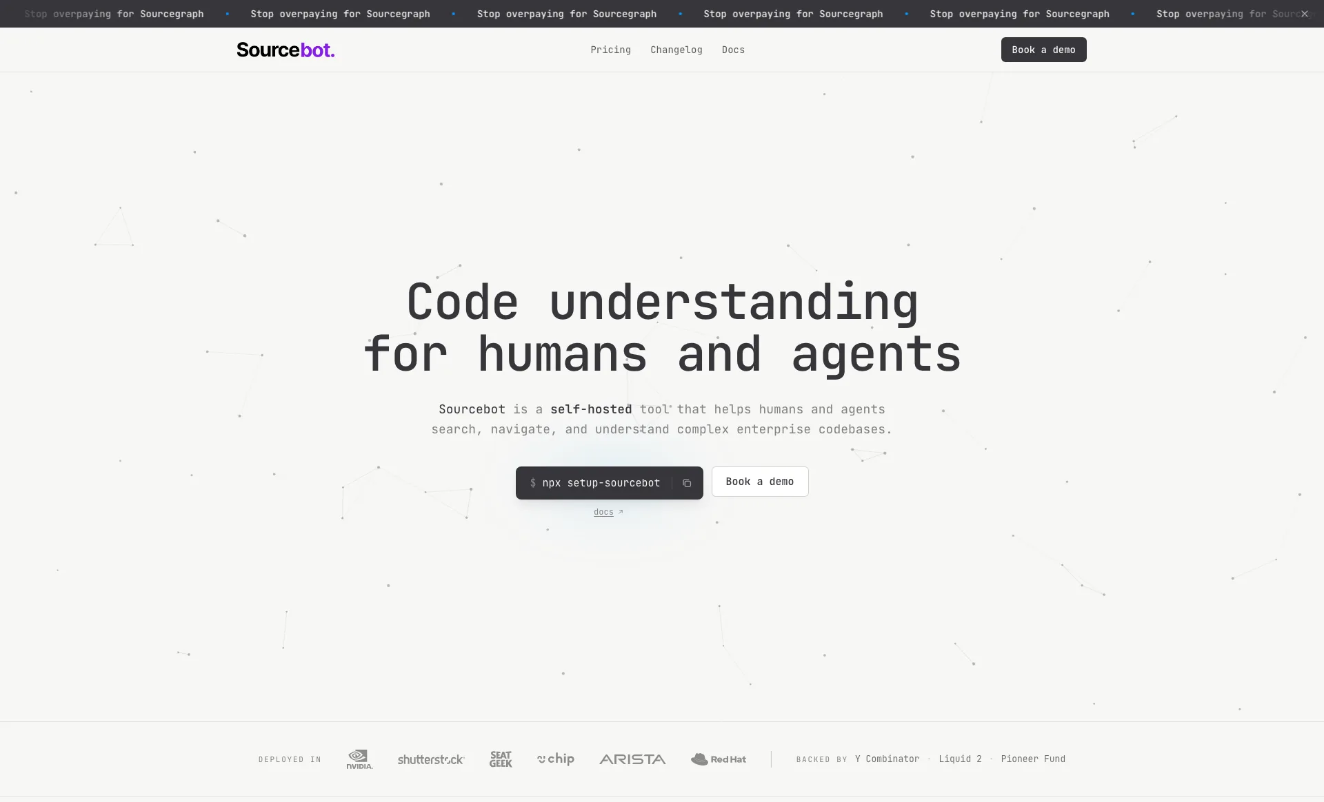 Sourcebot homepage describing self-hosted code understanding for humans and agents
