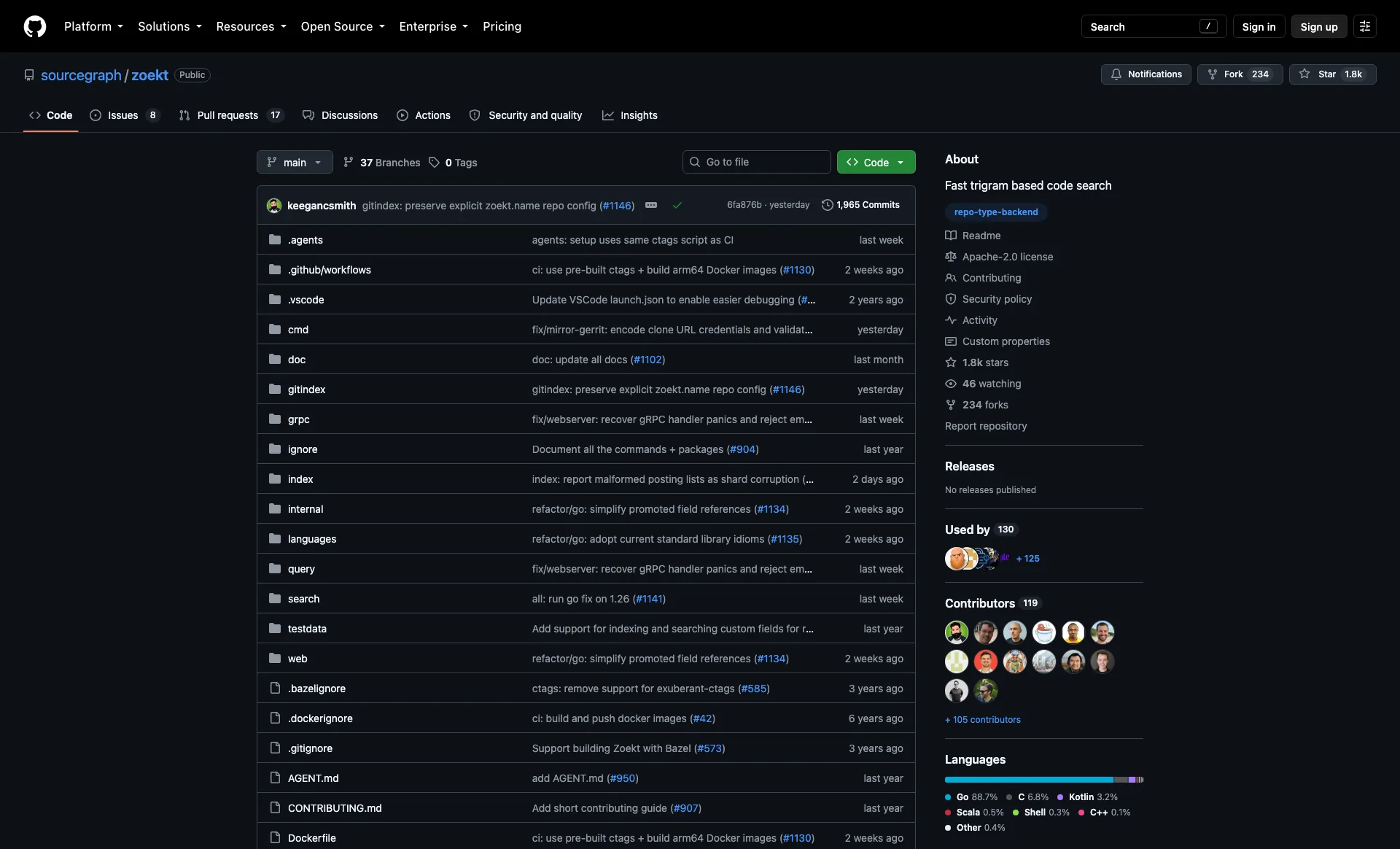 The Zoekt repository on GitHub, an Apache-2.0 trigram code search engine maintained by Sourcegraph