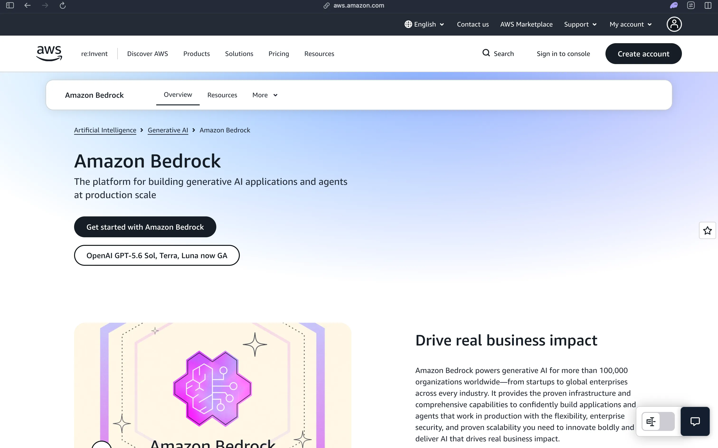The Amazon Bedrock product page, "The platform for building generative AI applications and agents at production scale", with a banner announcing OpenAI GPT-5.6 Sol, Terra and Luna are now generally available