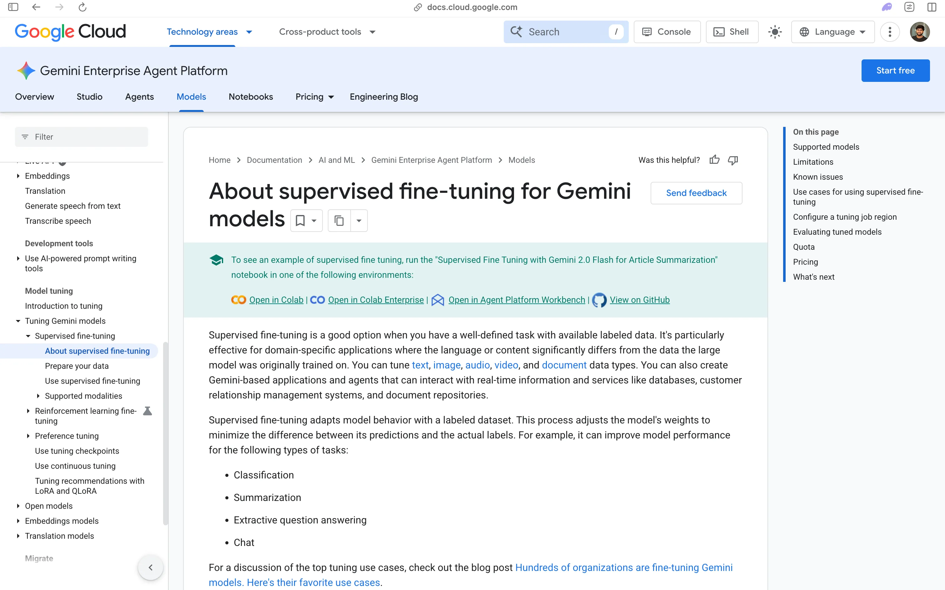 Google Cloud documentation "About supervised fine-tuning for Gemini models", now filed under the Gemini Enterprise Agent Platform, with sidebar entries for supervised, reinforcement learning and preference tuning plus LoRA and QLoRA recommendations