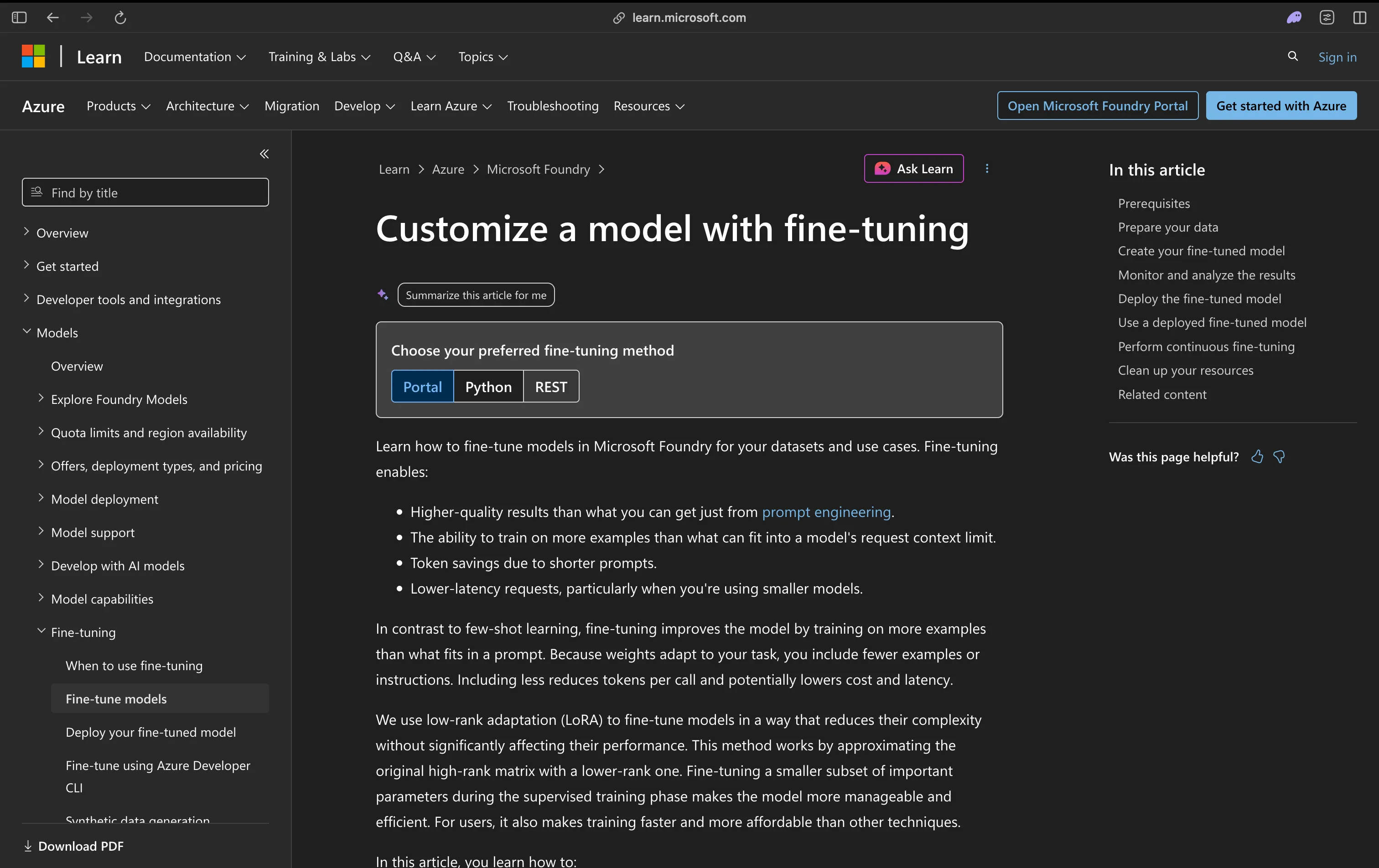 Microsoft Learn's "Customize a model with fine-tuning" page for Microsoft Foundry, offering Portal, Python and REST paths and noting that it uses low-rank adaptation to fine-tune models