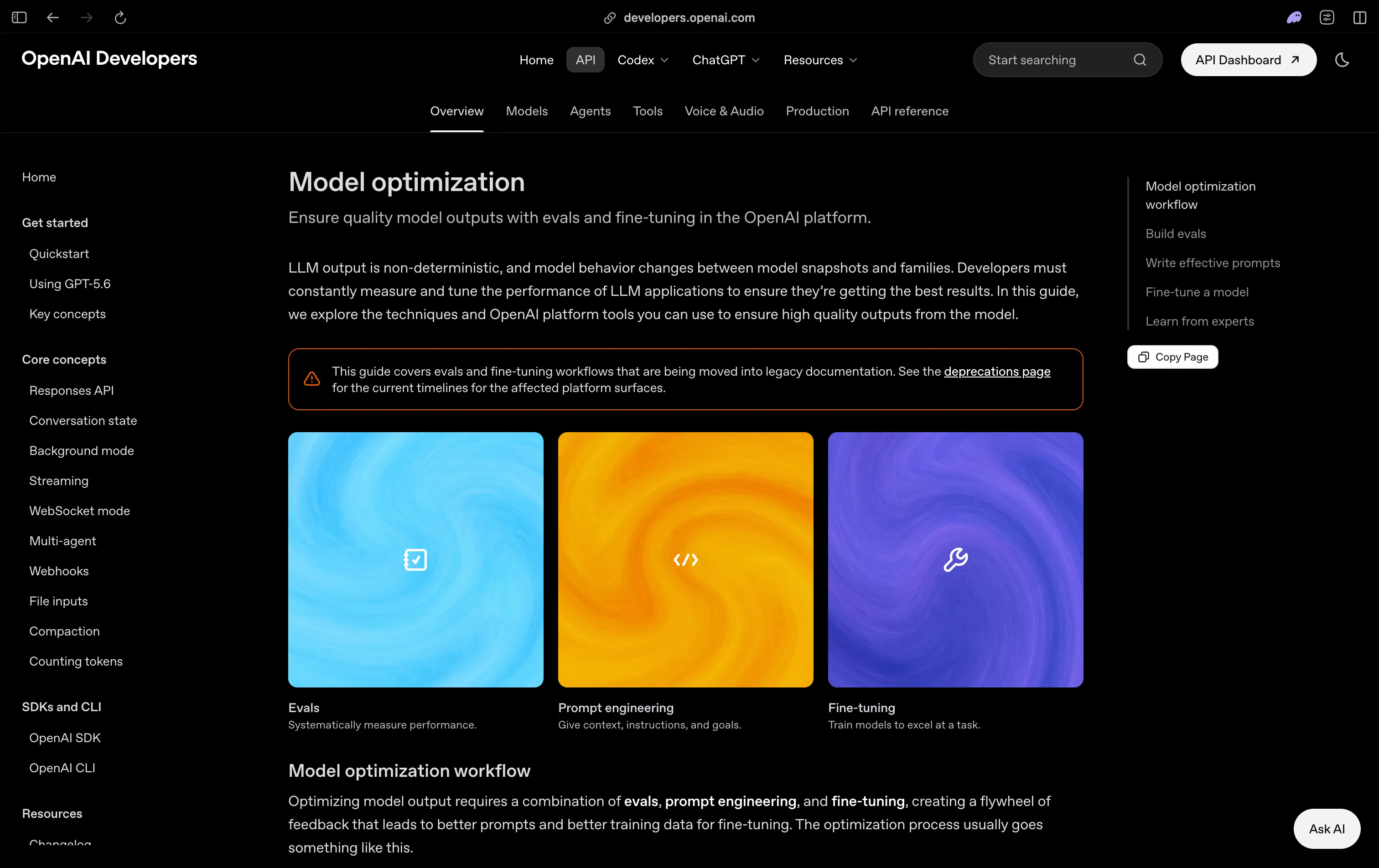 OpenAI's Model optimization guide, with a warning that the evals and fine-tuning workflows it covers are being moved into legacy documentation, pointing readers to the deprecations page for current timelines