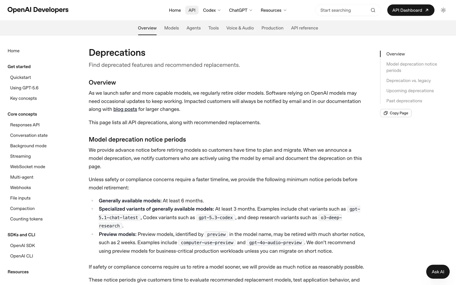 OpenAI's developer documentation Deprecations page, listing deprecated features and their recommended replacements, including the model deprecation notice periods that govern the fine-tuning wind-down