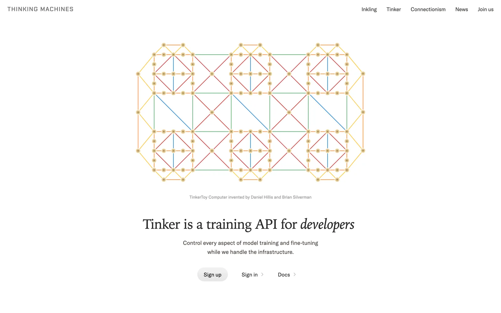 Thinking Machines Lab's Tinker page, headlined "Tinker is a training API for developers", offering control over every aspect of model training and fine-tuning while they handle the infrastructure
