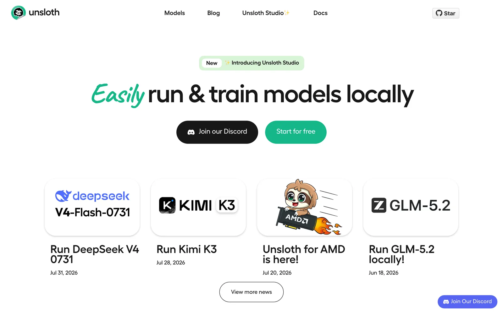 The Unsloth homepage, "Easily run and train models locally", with recent guides for DeepSeek V4-Flash, Kimi K3, AMD support and GLM-5.2