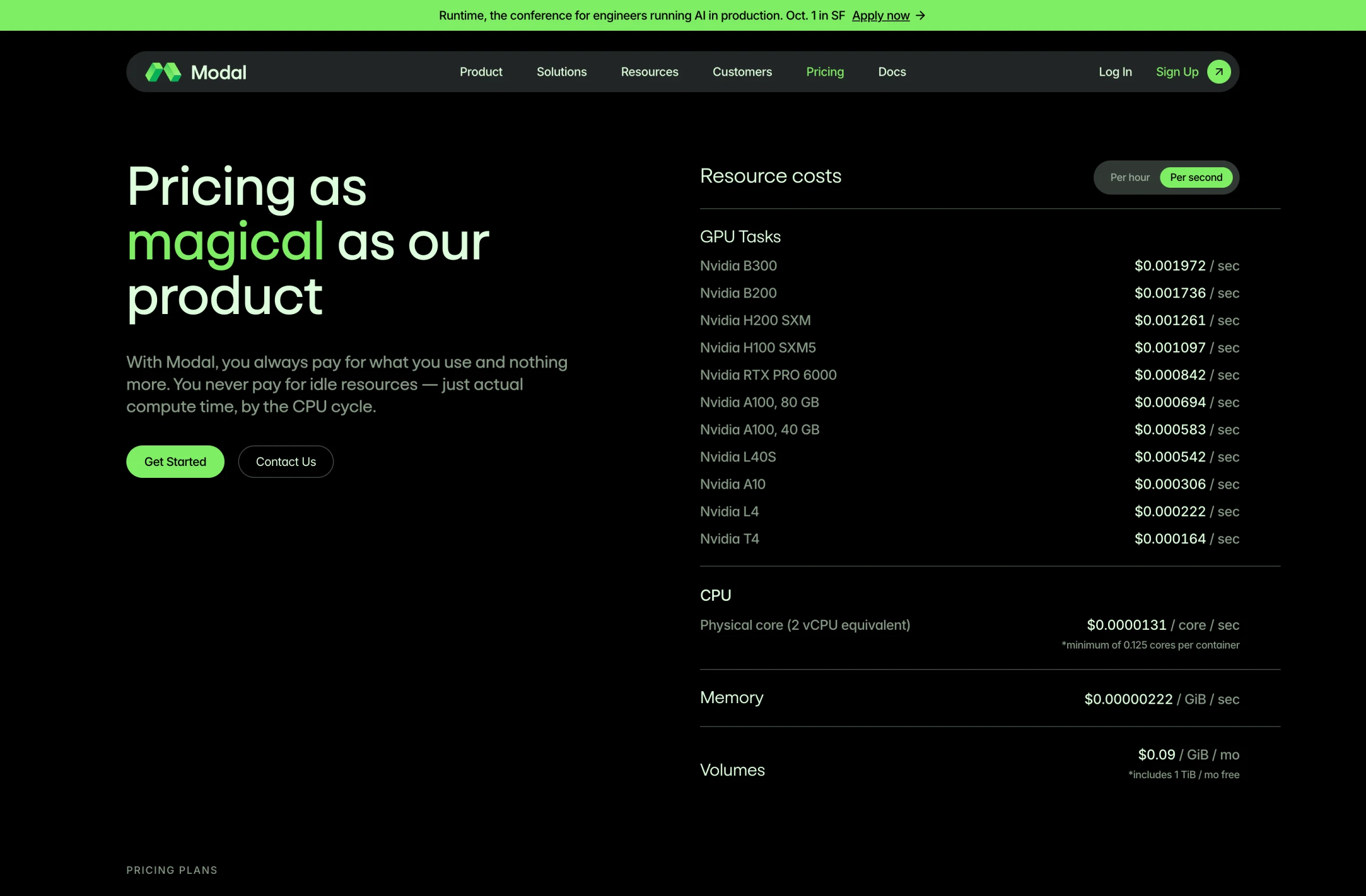 Modal pricing page showing per-second GPU rates: B300 at $0.001972, B200 at $0.001736, H200 SXM at $0.001261, H100 SXM5 at $0.001097, A100 80GB at $0.000694, down to T4 at $0.000164, plus CPU at $0.0000131 per core-second