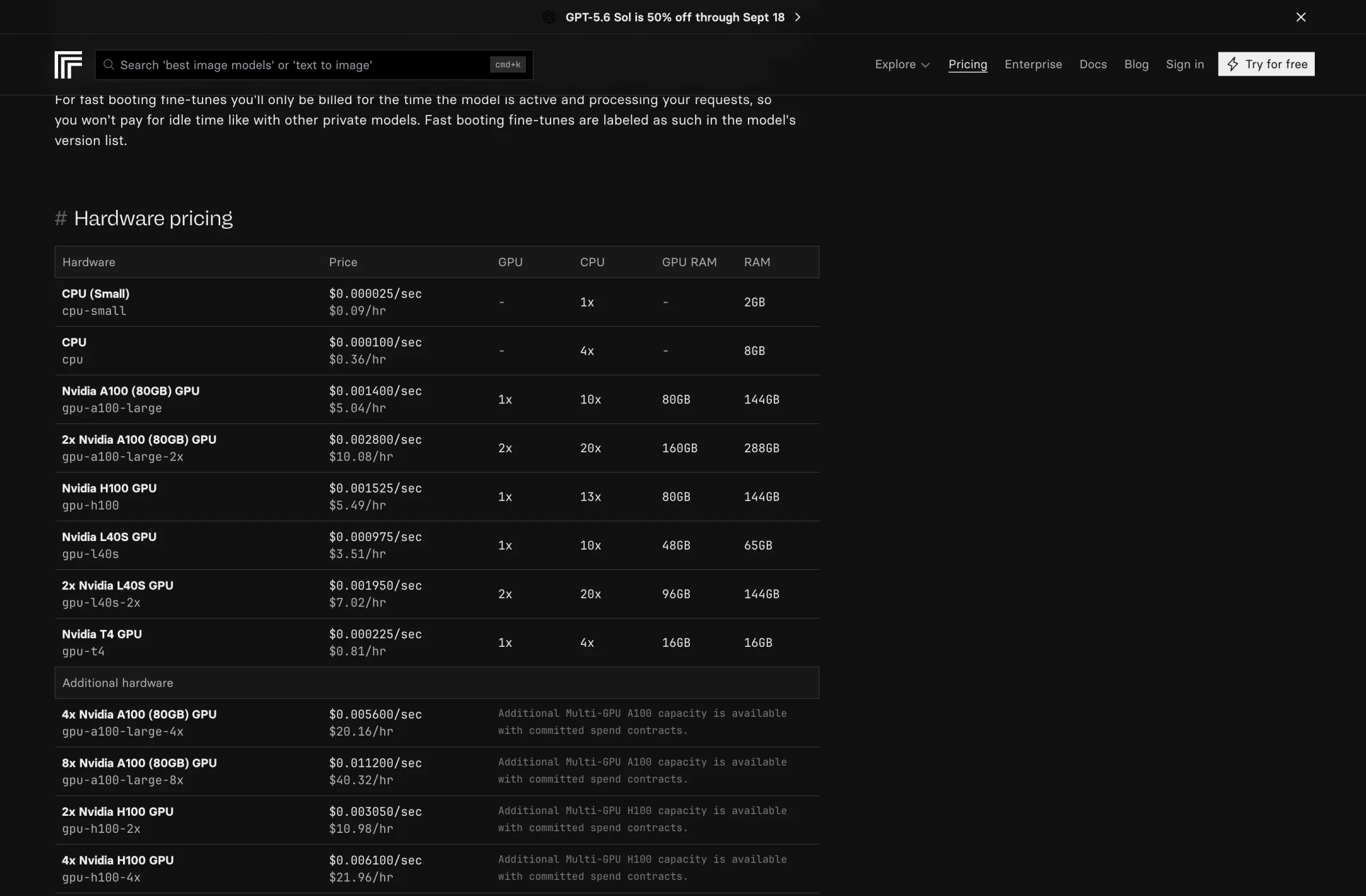 Replicate hardware pricing table showing per-second and per-hour rates: CPU at $0.36/hr, A100 80GB at $5.04/hr, H100 at $5.49/hr, L40S at $3.51/hr, T4 at $0.81/hr, with multi-GPU configurations below and the note that private models bill for setup and idle time
