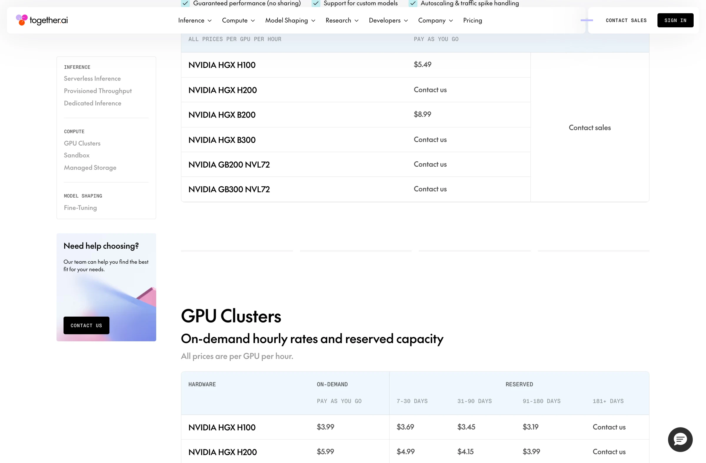 Together AI dedicated inference pricing showing per-GPU-per-hour rates with H100 at $5.49 on demand and B200 at $8.99, and GPU cluster rates below with H100 at $3.99, H200 at $5.99, and B200 at $8.19 per hour