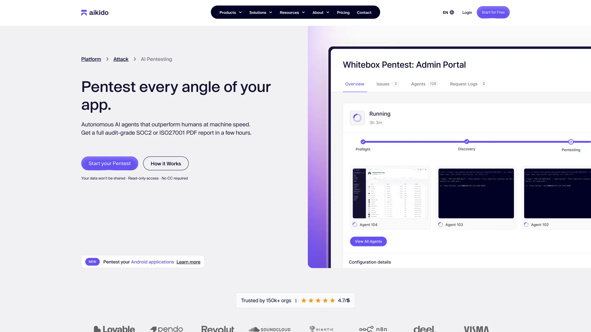 Aikido's AI Pentesting page, "Pentest every angle of your app.", beside a whitebox pentest run showing 128 agents.