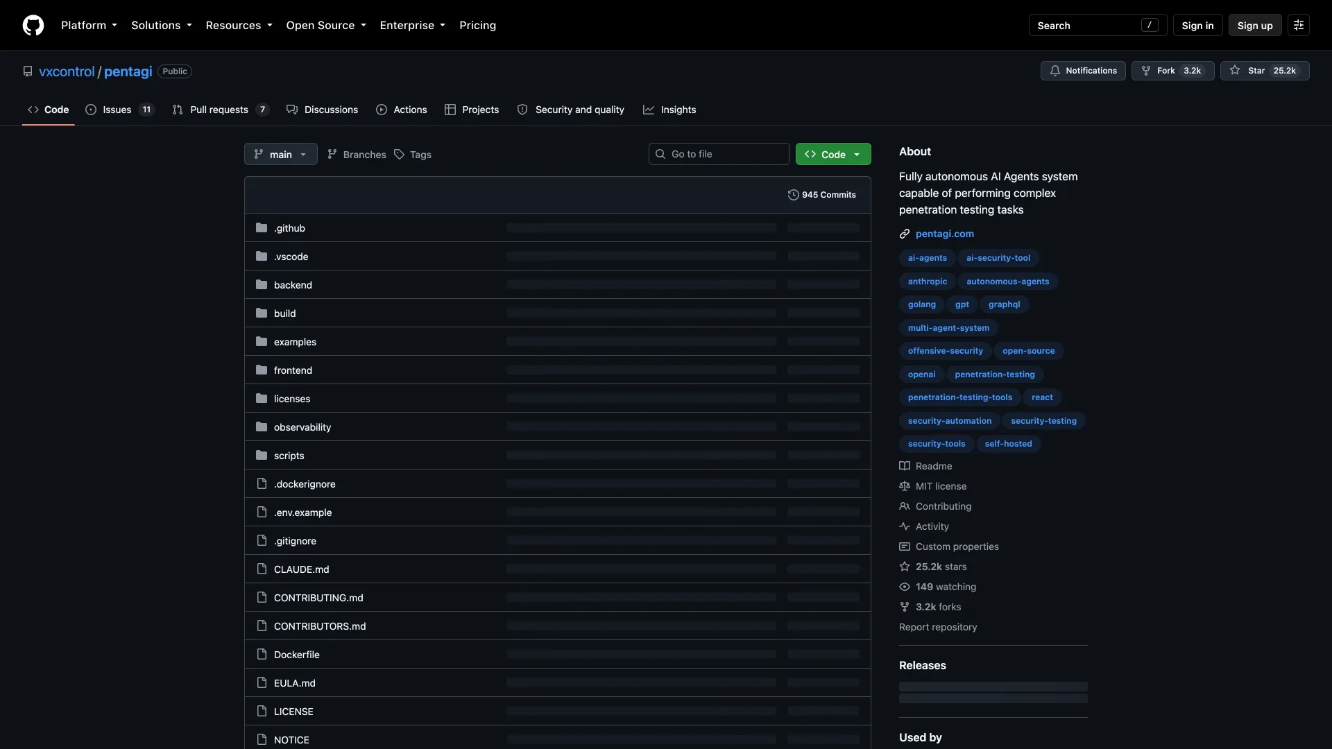 The vxcontrol/pentagi GitHub repository, a fully autonomous AI agents system for penetration testing, showing an MIT license.