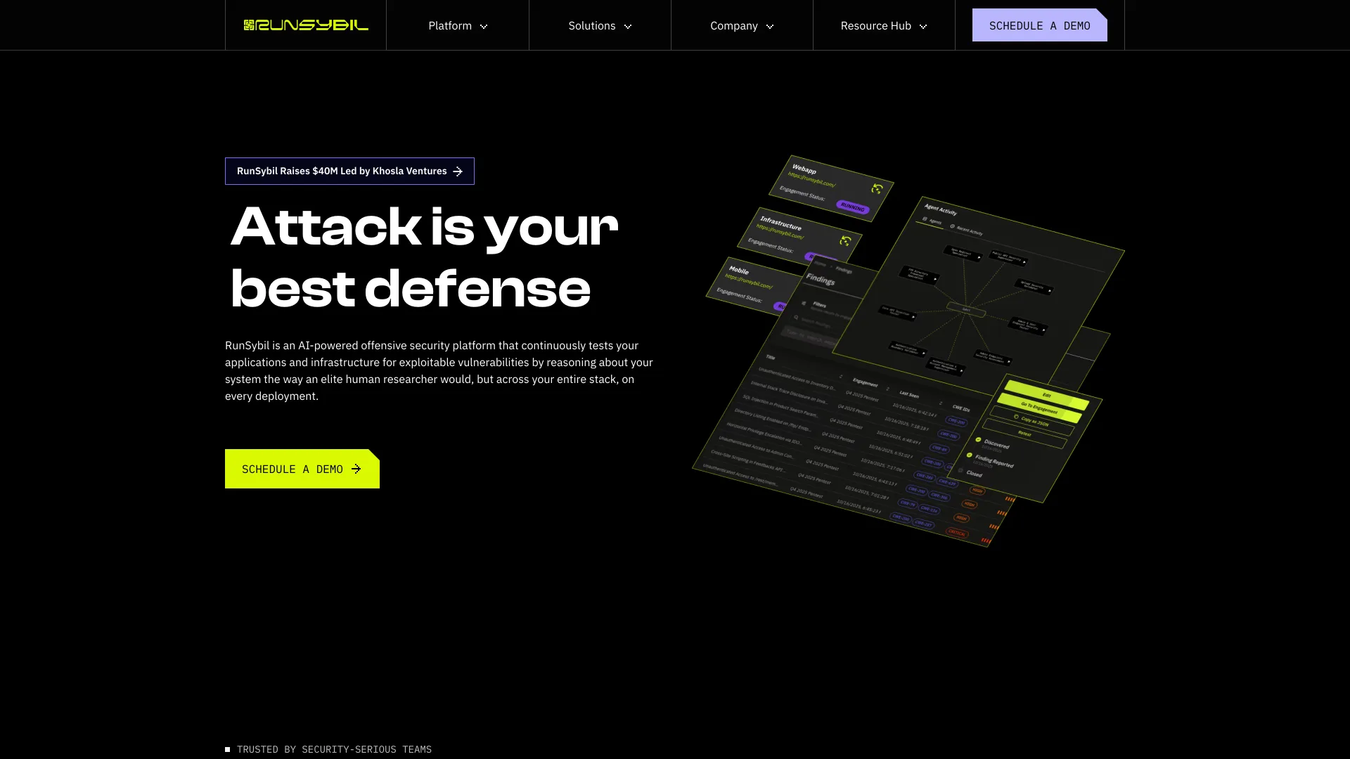 The RunSybil homepage, "Attack is your best defense", with a $40M funding banner and a Schedule a Demo button.
