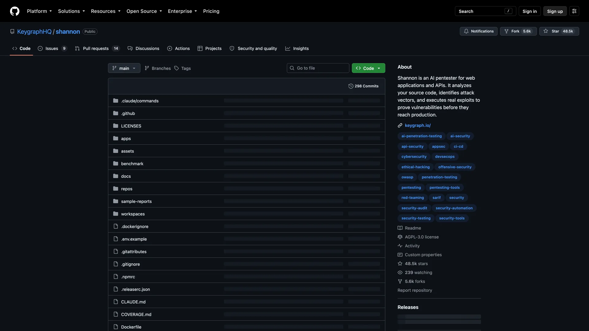 The KeygraphHQ/shannon GitHub repository with an AGPL-3.0 license, 48.5k stars and tags such as sarif and devsecops.