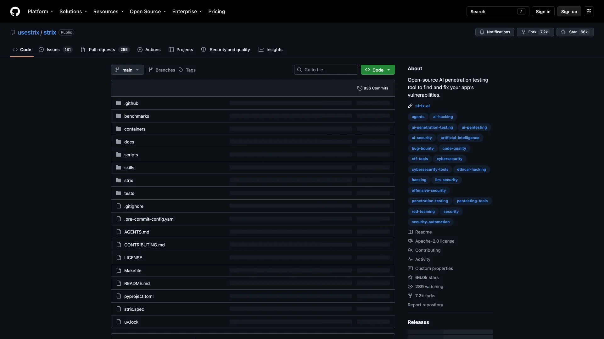 The usestrix/strix GitHub repository with an Apache-2.0 license, 66.0k stars and tags such as ai-pentesting.